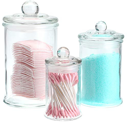 Skelang Frasco de vidrio con tapa, frasco de boticario de vidrio, caja de almacenamiento para sal de baño, hisopos de algodón, bolas de algodón, juego de 3