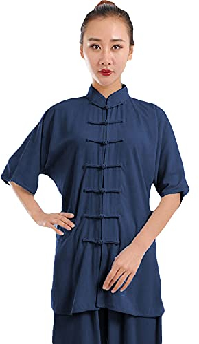 G-LIKE Damen Herren Tai Chi Trainingsanzug – Traditionelle Chinesische Kampfkunst Taiji Kung Fu Qi Gong Wing Chun Wushu Frühling Sommer Training Unisex Uniform Kurzärmelig Anzug (Dunkelblau, M)