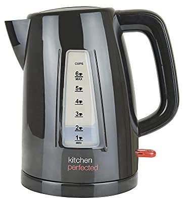 KitchenPerfected Quiet Rapid Boil Eco-Friendly Cordless Kettle - 3000w, 1 cup boil, 1.5 Litre (6 cups), Removable Filter - Black - E1526BK