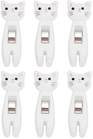 Lot de 6 épingles à Linge, Pinces à Puce d'étanchéité pour Chat de Dessin animé, Pinces à Linge pour Chat Mignon, Pince à collation pour Sac de Nourriture à Ressort en métal avec(Blanche)