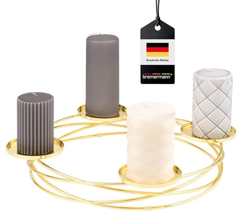 bremermann Kerzenständer in Kranzform, ideal als Adventskranz für Weihnachten oder ganzjährig als Tischdekoration geeignet, Kerzenhalter für 4 Stumpenkerzen, aus Metall (Gold)