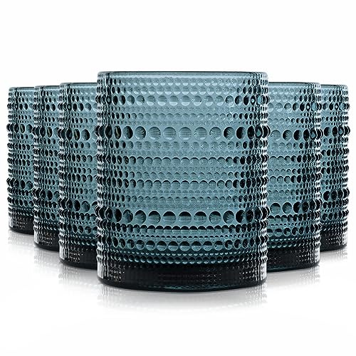 Wongblee Hobnail Drinking Glasses Set of 6, Vintage Colored Glassware 11oz, Beverage Glass Cups for Water, Juice, Cocktail (Blue)