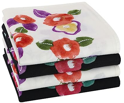 HOULIFE Mouchoir Tissu - Mouchoirs en Tissu Femme, Grands Mouchoirs Tissus en Pur Coton Peigné Motif Fleur Doux pour Mariage Usage Quotidien, Lot de 4 Pièces, 45x45cm, Fleur 5