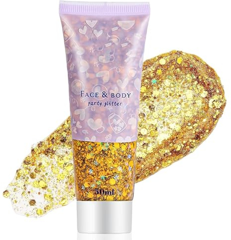 Ceboic Body Glitter Gel, 50ml Festival Glitzer Gesicht Körperglitzer Pailletten für Gesicht Haare Lippen Nägel Make-up Meerjungfrau Pailletten Flüssiger Lidschatten Langanhaltend Funkelnd (Gold)