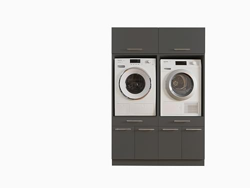 Laundreezy 2X Waschmaschinenschrank mit 2X Schrankaufsatz, Anthrazit - Waschmaschinen-Überbauschrank TÜV-Zertifiziert mit viel Stauraum - 135 x 200 x 67,5 cm (B/H/T)