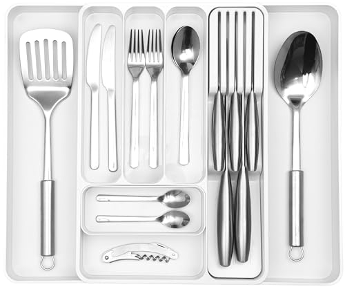 nuovva Organisateur de Tiroir à Couverts – Plateau Réglable et Extensible – Séparateur Compact pour Couteaux, Fourchettes et Cuillères – Blanc