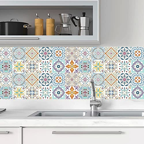 indabyo 24pcs Light Moroccan Tile Stickers Mosaic Peel and Stick on Tiles | Kitchen Bathroom Wall Stick on Tiles Self Adhesive Vinyl Waterproof Backsplash Tile Covers Decals (15cm x 15cm, 6x6 inches)