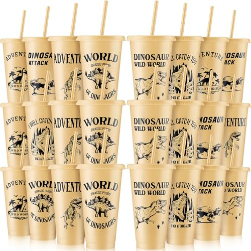 Mifoci 24 Pcs Dinosaur Party Favor 24 oz Plastic Cup with Lids and Straws Set Kids Reusable Dinosaur Cup Decorations for Beverage Birthday Party Dino Supplies (Khaki)