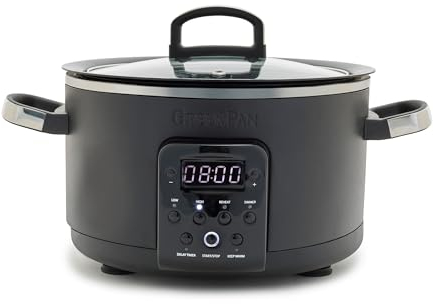 GreenPan Olla de cocción lenta eléctrica de cerámica 6 en 1 de 4 cuartos con tapa de vidrio, preajustes multifunción, anodizado duro, sin PFAS, antiadherente, extraíble, apta para lavavajillas,