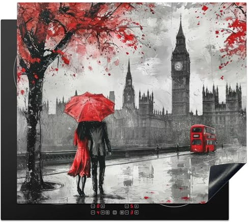 KitchenYeah© Cubre Vitrocerámica - Protector Vitroceramica Induccion 60x52 cm - Tapa Vitroceramica - Protector de Vitroceramica Acuarela - Londres - Rojo - Pareja - Romántico