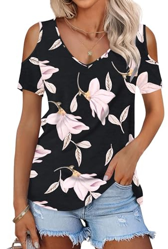 WNEEDU Women Summer Cold Shoulder Tops V Neck Short Sleeve Casual T Shirt