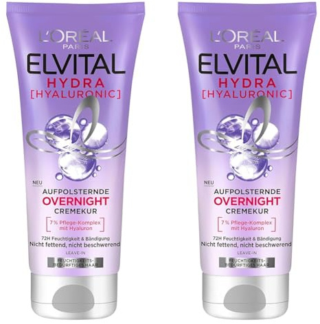 L'Oréal Paris Elvital feuchtigkeitsspendende Haarmaske, Leave In für glänzendes und gesundes Haar über Nacht, Mit Hyaluron für einen Feuchtigkeitsboost, Hydra Hyaluronic Overnight Mask, 1 x 200 ml