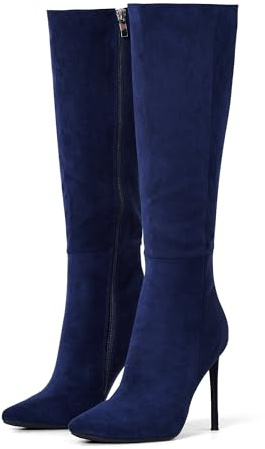 Zhabtuc Bottes hautes pour femmes de 4 pouces, bottes à talons aiguilles à bout pointu et large mollet en cuir suédé confortable et sexy, Daim bleu marine, 39 EU