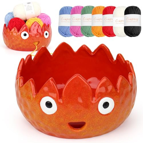 Coopay Ciotola per filati a forma di fiamma, per uncinetto, maglia e maglia, graziosa ciotola con 7 filati, ciotola in ceramica di grandi dimensioni, per principianti, ottima idea regalo per lavori a