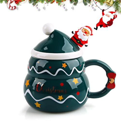 SilverChry Weihnachtliche Keramiktasse, Keramik Tasse Weihnachten Becher, Weihnachtsbecher mit Deckel und Löffel, Weihnachtsmann Schneemann Keramik Kaffeetassen (grün)