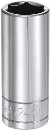 sourcing map 6-Point Socket 1/2 Drive 24mm Metric 3.1 Length 45# Steel Deep Sockets Full Polishing Chrome Sockets for Car Repair Mechanical Maintenance Home Use