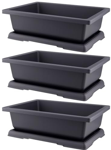 FUNSUEI 3 Stück Bonsai Schale, 36 x 26,2 x 10,6 cm Bonsaischale Kunststoff mit Untersetzer, Blumentopf Pflanzschale für Bonsai Innen- und Außenbereich, Rechteckig