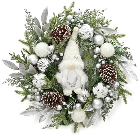 GarveeHome Pre-lit Christmas Wreath for Front Door, 22 in Large Lighted Christmas Gnome Wreath, Winter Wreath with Silver White Xmas Balls 30 Lights and Timer for Indoor Outdoor Holiday Decorations