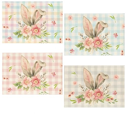 Set di 4 Tovagliette con Coniglietto di Pasqua, Buffalo Plaid Bunny Ear Floral Tovagliette in Lino, Lavabili Antiscivolo Resistenti al Calore per Primavera Cucina Casa Vacanze Feste Domestica,12x18in
