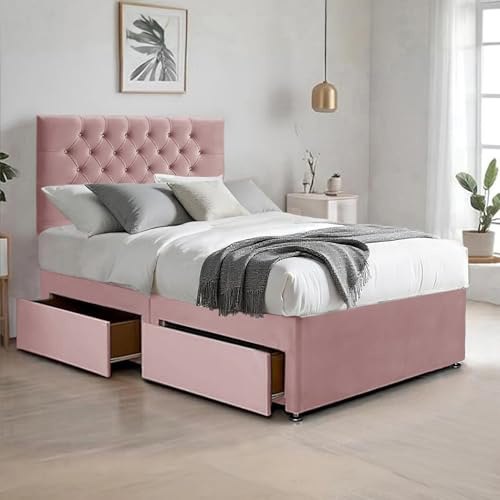 Cosy Pink Plush Divan Single Bed | 2 Storage Drawers & 20” Chesterfield Headboard | Single Bed Frame with Spring Memory Foam Mattress