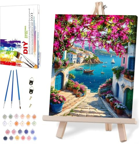 Scenery Paint by Numbers for Adults with Framed Canvas-with Wooden Easel,Landscape Paint by Number Kits with Brushes,Flowers and Sea Oil Painting Kits with Nice Gift Box for Wall Decor 12X16 Inch.