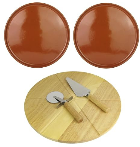 Lentz Lot de 2 assiettes à pizza en argile Ø 32 cm avec planche à pizza en bois véritable – Roulette à pizza et pelle à pizza en acier inoxydable