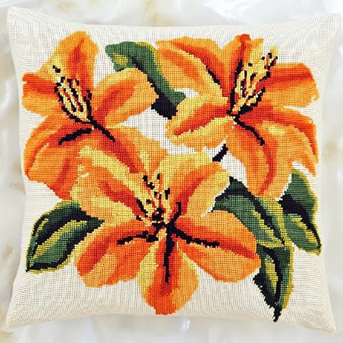 ANSIWEIGO Stamped Cross-Stitch Cushion Kit for Adults and Beginners Precise Printed Design on Cotton Canvas Needlepoint Throw Pillow Kit for Adults Creative Gift 18×18 Inches,Orange Azalea