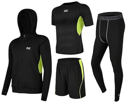 GRECERELLE Sportlöparset för män i 4 delar, ultimat prestanda för löpning och fitness – kortärmad topp, shorts, kompressionsstrumpbyxor och huvtröja., 4 stycken Svart + grön, 3XL