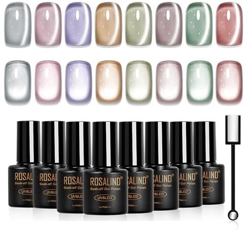 Rosealind UV nagellack gelé magnetisk, 8 färger vit rosa violett guld brun grön kristall månljus katt öga UV gel nagellack, soak-off mini transparent cateye gellack för nagelkonst manikyr