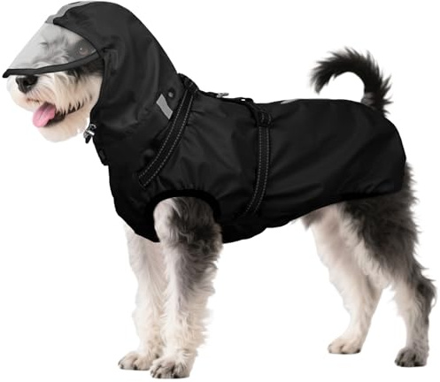 OUOBOB Hunderegenmantel wasserdicht, Regenjacke mit reflektierenden Streifen, H-Brustgeschirr (D-Ring) & Abnehmbarer Kapuze mit Visier, Ideal für mittelgroße/große Hunde [Schwarz, Größe L]