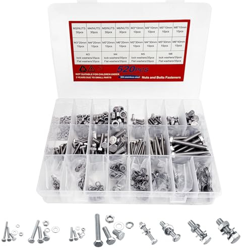 Jeu de Vis Boulons et Écrous, Vis et Ecrou M3 M4 M5 M6 520PCS Kit, Kit Assortiment Vis Boulons Vis à Tête, Vis Boulon et Écrous à Tête Hexagonale Acier Inoxydable 304, Avec Boîte de Rangement