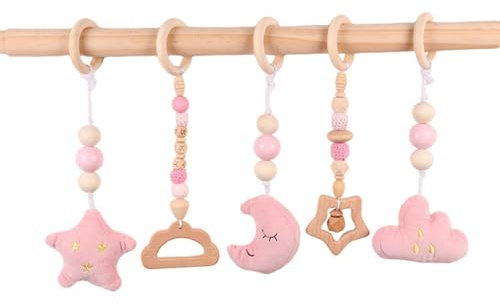 Xiyocadt Baby Spielbogen Holz, 5 Stücke Spielbögen Baby Gym Anhänger, Holz Spielbogen, Holzspielzeug zur Gehirnentwicklung (27cm,Rosa)