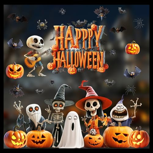 Zindoo Halloween Fensterbilder 3D 40 × 90 cm Musik-Skelett XXL | Fensteraufkleber Wiederverwendbar für Halloween-Fensterdeko mit Geistern, Kürbissen, Fledermäusen, Ohne Kleber