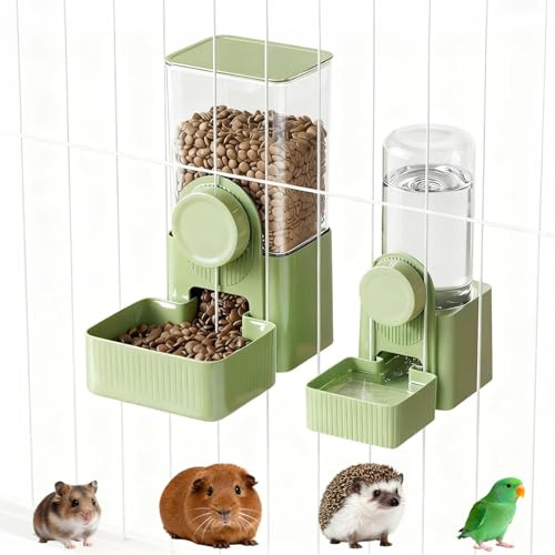 giteo bedding, Automatic Cat Feeder, Water Dispenser, Cat Feeder, Green | 2Pcs Hanging Automatic Pet Feeder and Waterer Set, Auto Feeding Station for Rabbit, Guinea Pig, Bunny, Chinchilla, Ferret