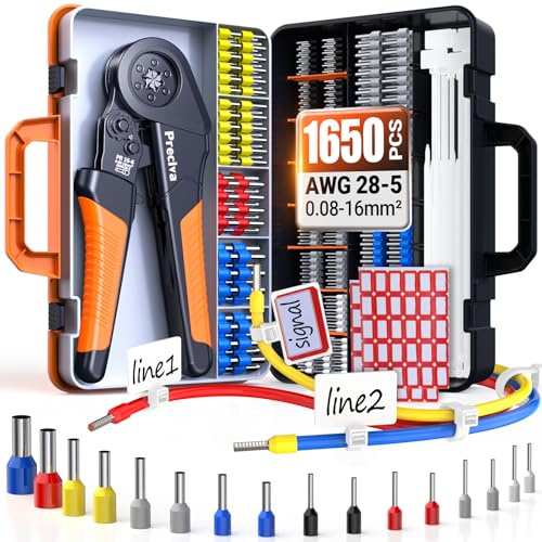 Preciva Sechskant Crimpzange 0.08-16mm² Aderendhülsenzange mit Aufbewahrungsbox + 1500 Stück Aderendhülsen + 100 Stück 15cm Kabelbinder + 50 Stück Kabelbinder mit Beschriftungsfeld