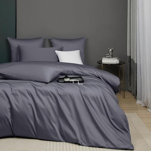 Luofanfei Kühlend Mako Satin Bettwäsche 135x200 Baumwolle Sommer Grau | Glatt Luxus Muster Atmungsaktiv Sommer Bettwäscheset Weich und Bügelfrei Uni Bettbezug Einzelbett und Kissenbezug 80x80 cm