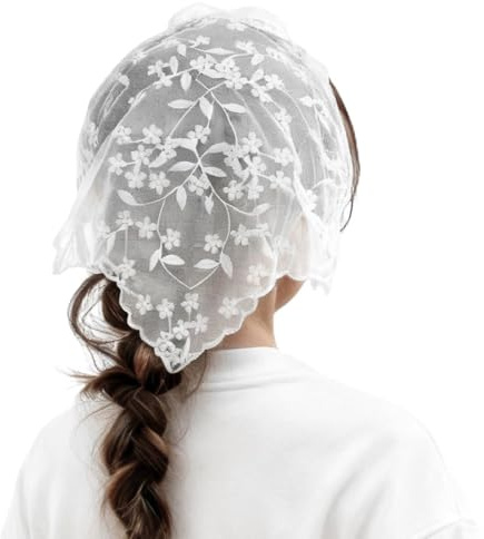 1 Pcs White Elegant Lace Bandana, Flower Triangle White Lace Headscarf, Triangle Mesh Hair Scarf for Sweet Girls Camping Taking Photo, Fashion Hair Bandana for Caps