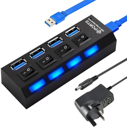 Powered USB Hub 3.0, USB Hub Power 4 Port with Individual LED Power Switches