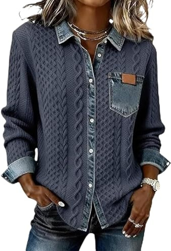 Maglione lavorato a maglia da donna con colletto in denim, oversize vintage, patchwork con bottoni, maglioni a maglia a maniche lunghe a nido d'ape, Blu scuro, S