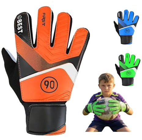Junior fotbollshandskar, blå, för barn med andningsbara handflator, orange, storlek 7