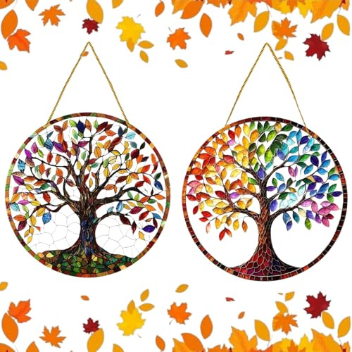 2PCS Tree of Life Wall Art Set, Hanging Garden Ornaments with Dazzling Rainbow Light Effect, Round Sun Catchers for Window, Elegant Glass Ornament & Crystal Suncatcher Kit for Indoor & Outdoor Display