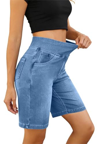 Denim Shorts Women Loose Fit Stretchy Elasticated Waist Jeans Ladies Straight Leg Comfort Pants Loose Jeans Bermuda Shorts with Pockets High Waited Denim Half Trousers UK