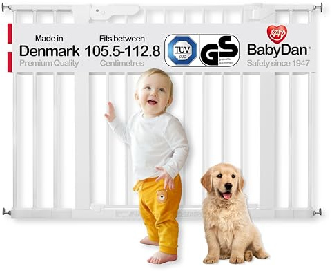 BabyDan Premier, extra breites Treppenschutzgitter zum Klemmen, 105,5-112,8 cm, Türschutzgitter/Absperrgitter/Babygitter/Sicherheitsgitter, Metall, Weiß, Hergestellt in Dänemark (Hundegitter)