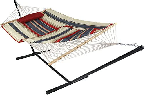 Sunnydaze Rope Hammock with Stand for Outside - Heavy Duty Freestanding Portable Outdoor Hammock Set with Quilted Pad, Pillow, and 12-Foot Steel Frame - 275 lb Capacity - Modern Lines
