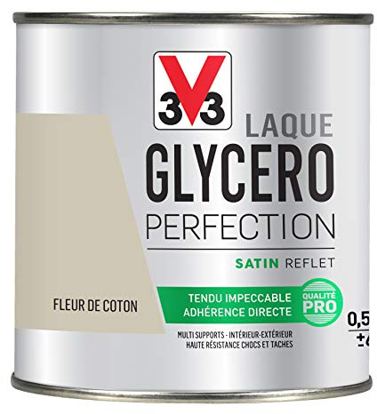V33 Peinture multi-supports monocouche Laque Glycéro satin, Fleur de coton 0,5L | Tendu impeccable, Adhérence directe, Multi-supports, Intérieur-Extérieur, Haute résistance taches et chocs