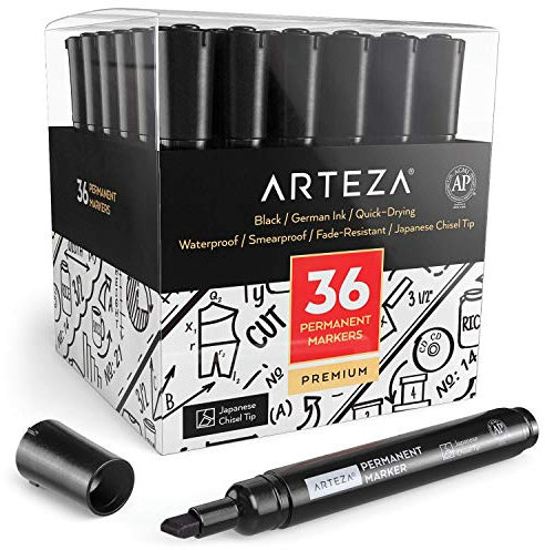 ARTEZA Permanent Markers, Set of 36, Black, Chisel Tip, Waterproof