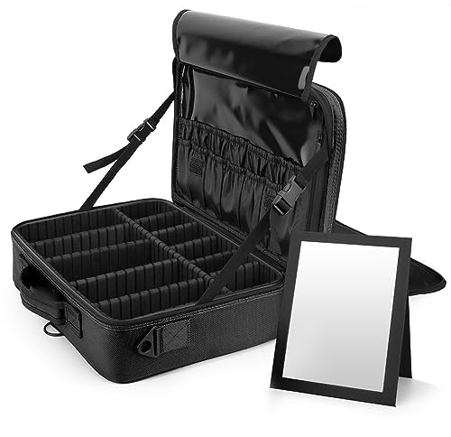 Luxspire Neceser Maquillaje con Divisor y Espejo para Mujer, Viaje Maletin Maquillaje Aseo Maleta Maquillaje Bolsa para Cosméticos, Organizador Estuche con Correa para Viaje Mujer, L - Negro