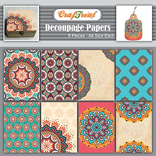 CrafTreat Reusable Mandala Decoupage Paper for Crafts - Mandala I and II - Size: A4-8 Pcs - Decoupage Paper for Wood, Furniture and Scrapbooking