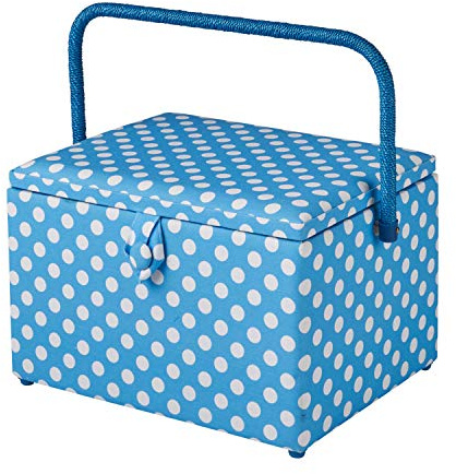 Large Sewing Box in a Duck Egg Blue Polka Dot Fabric | 31 x 23 x 20cm, Storage and Organiser Basket with Compartments for Sewing Supplies, Accessories, Thread, Needles and Scissors