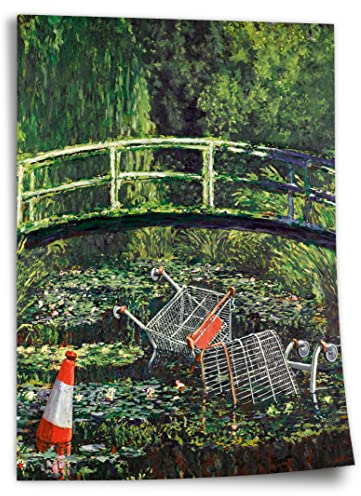 Poster Banksy Meets Monet Japanische Brücke Seerosen - Klimaschutz Street-Art Moderner Kunstdruck Canvas Kunstdruck ohne Rahmen, Wandbild - A4, A3, A2, A1, A0, XXL - Wohnzimmer, Schlafzimmer, Küch..